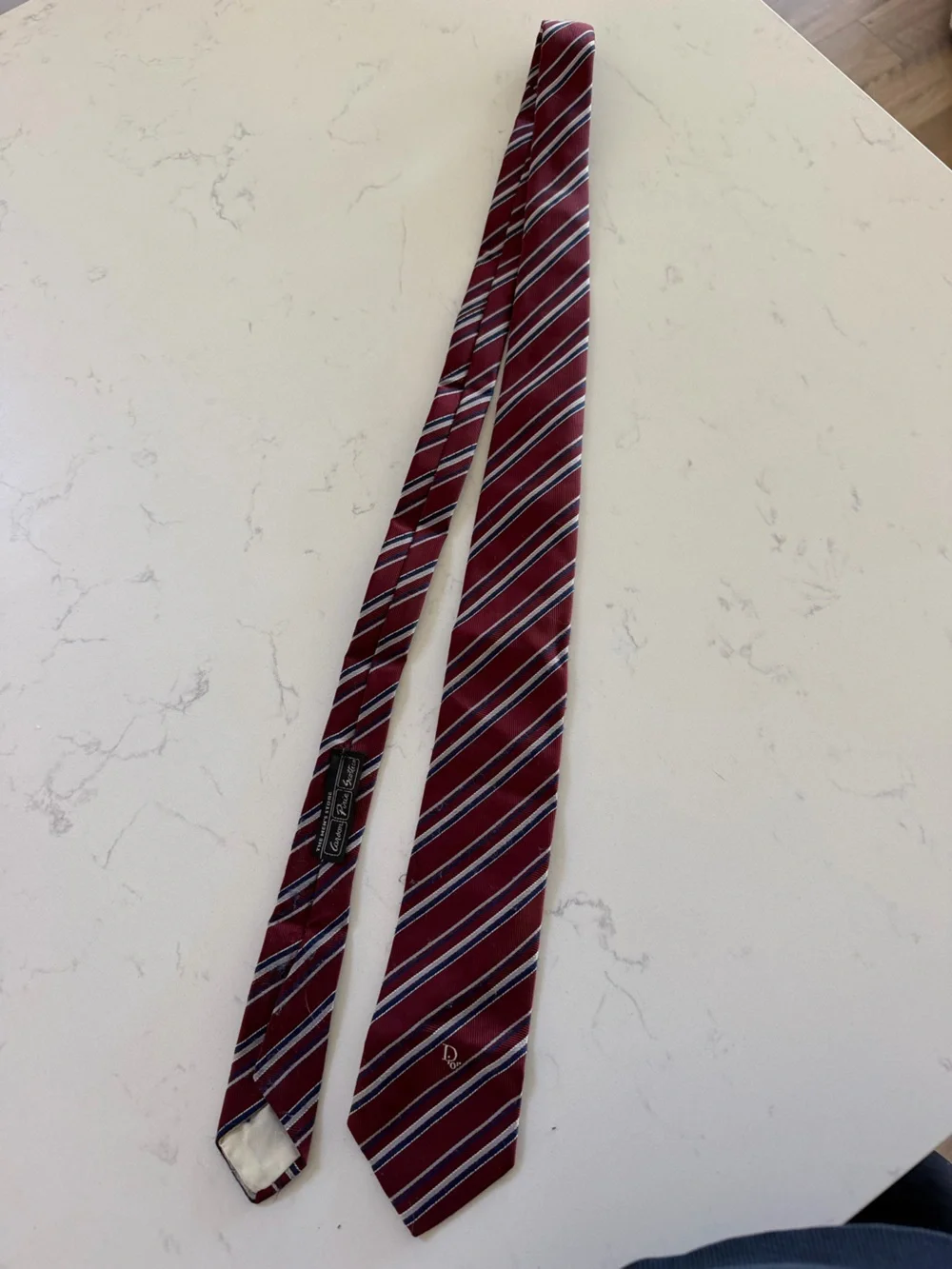 Men's Dior Burgundy Striped Tie with Subtle Embroidery